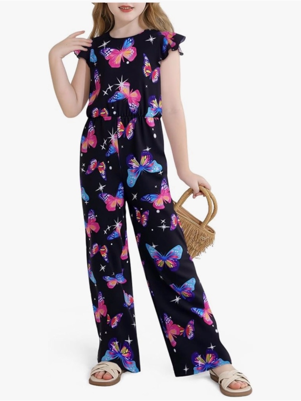 Girls Black Jumpsuit with Colorful Butterfly Print nwot